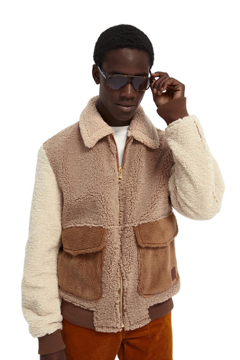 Colorblock Fleece Bomber Jacket, Alternate, color, BROWN