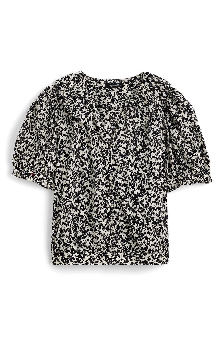 Ruffle Floral Button Front Top, Alternate, color, ABSTRACT LEAF BLACK IVORY