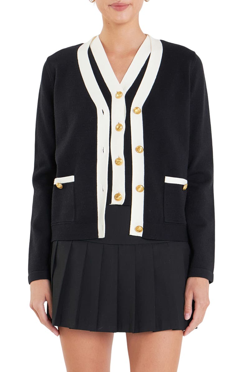 English Factory Contrast Edge Cardigan, Main, color, Black