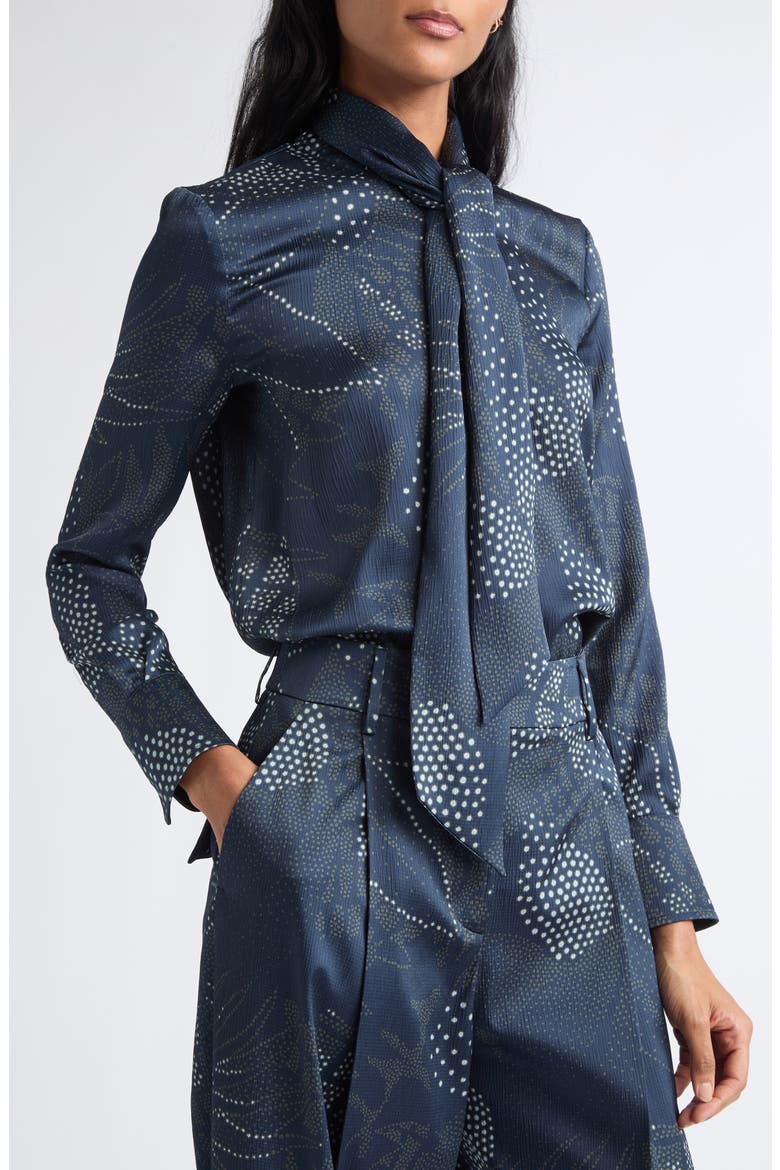 Dotted Floral Creponne Tie Neck Top, Alternate, color, SOLID BLUE NAVY