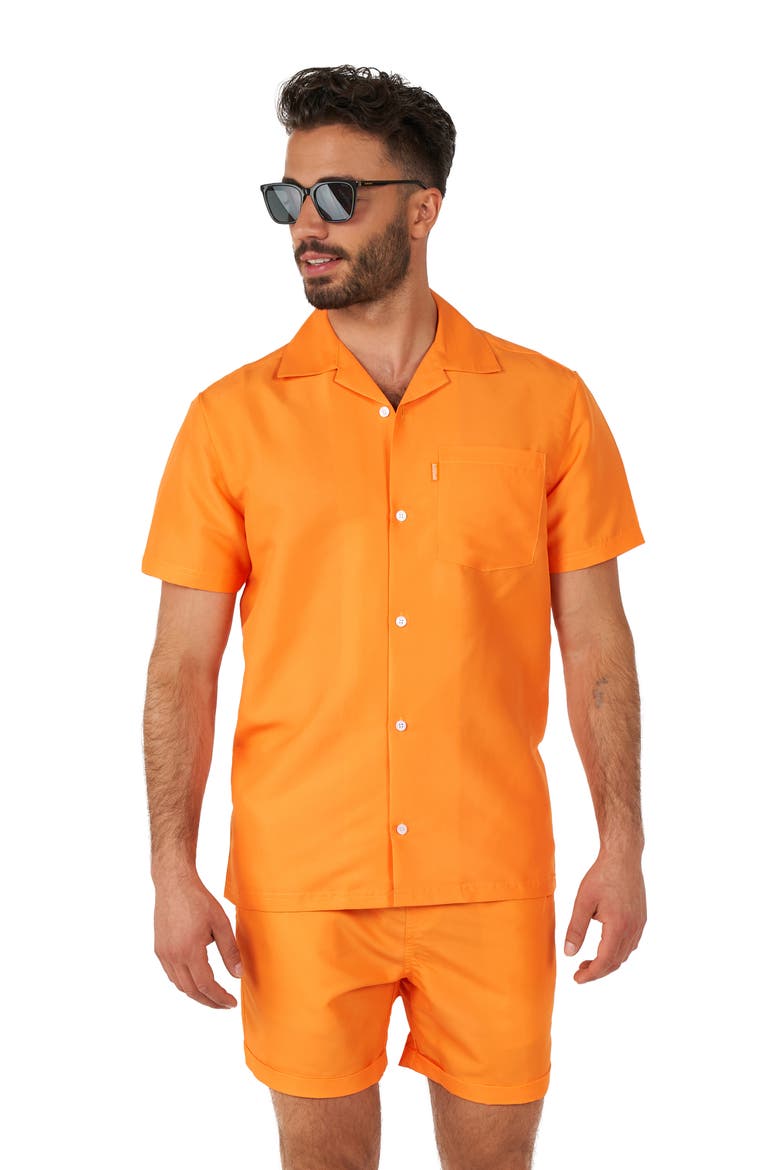 The Orange Short Sleeve Camp Shirt & Drawstring Shorts Set, Alternate, color, ORANGE