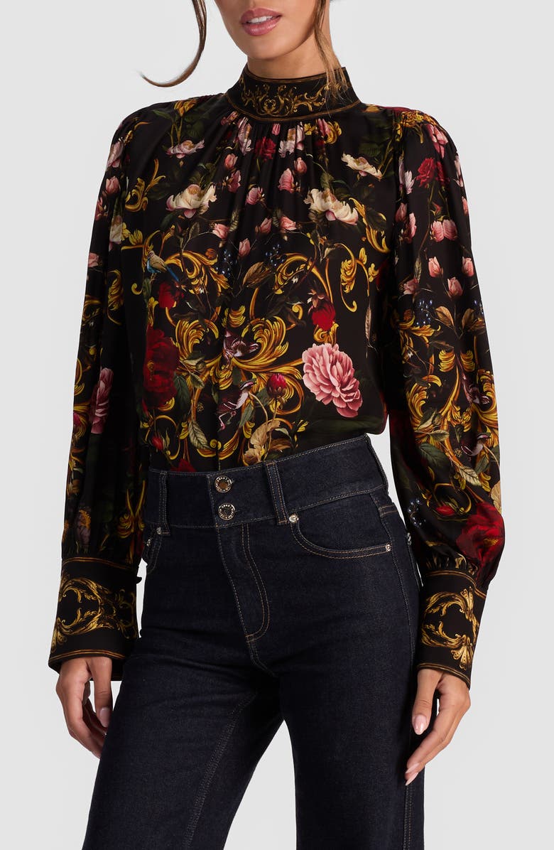 Alice + Olivia Marion Mock Neck Floral Blouse, Alternate, color, Evermine