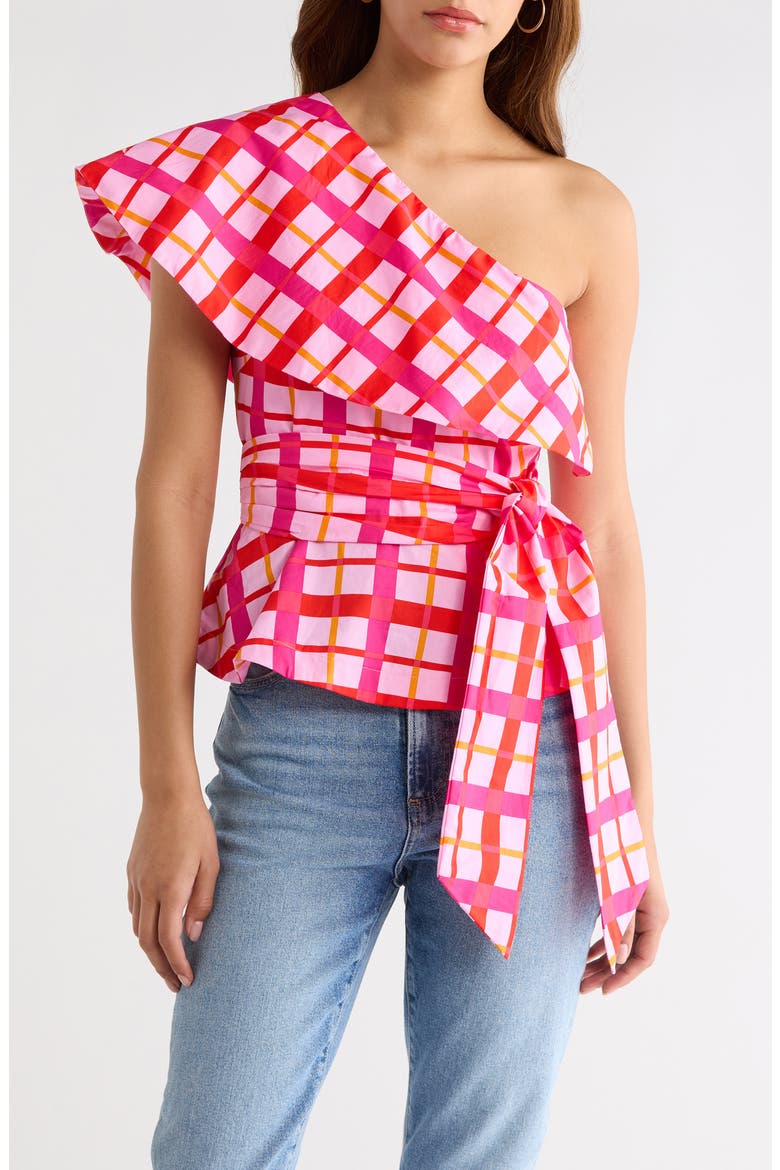 Darvy Plaid One-Shoulder Cotton Top, Main, color, PINKS-ORANGE
