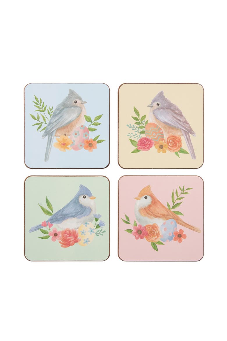 Birds & Flowers Set of 4 Drink Sitter Coasters 4", Main, color, Blue