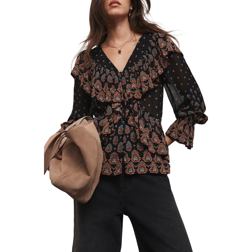Mint Velvet Retro Print Ruffle Blouse In Black