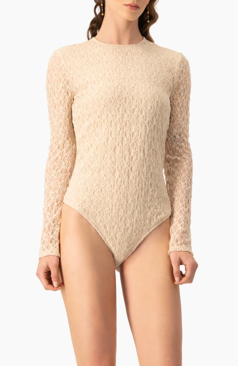 Long Sleeve Fitted Crew Neck Stretch Lace Bodysuit