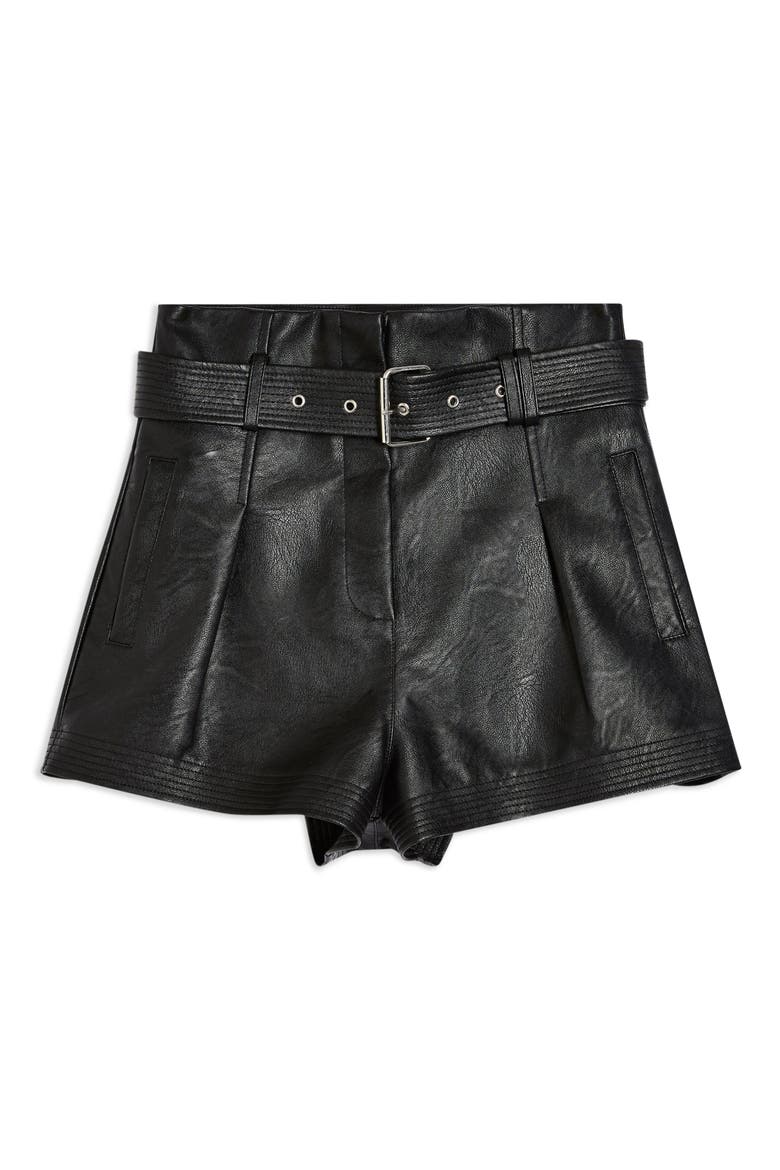 Belted Faux Leather Shorts, Alternate, color, BLACK