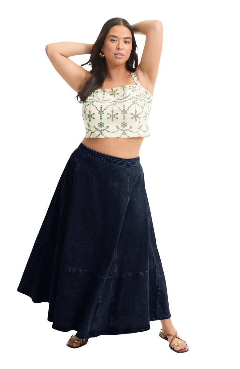June + Vie Fit-And-Flare Denim Midi Skirt, Alternate, color, Dark Rinse