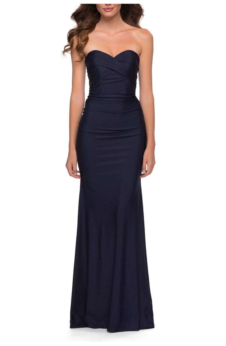 La Femme Strapless Jersey Dress with Ruching and Full Back, Main, color, Navy