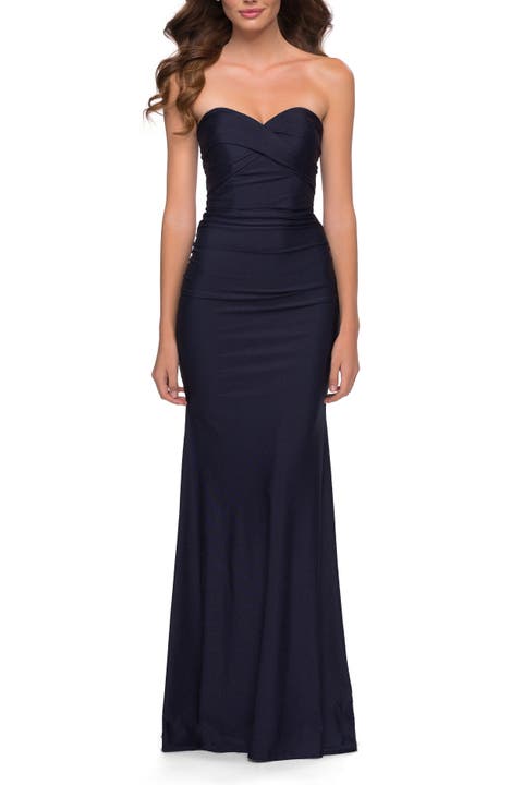 Strapless Jersey Dress with Ruching and Full Back