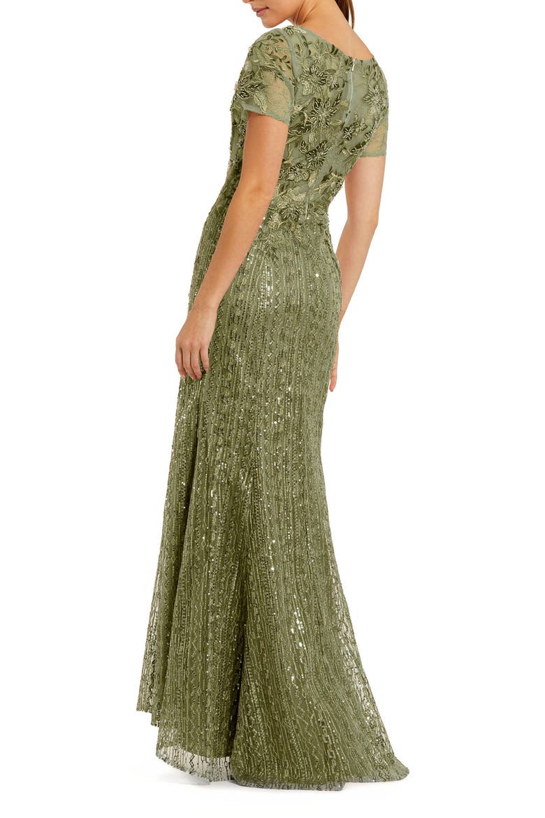 Embellished V Neck Cap Sleeve Trumpet Gown, Alternate, color, OLIVE
