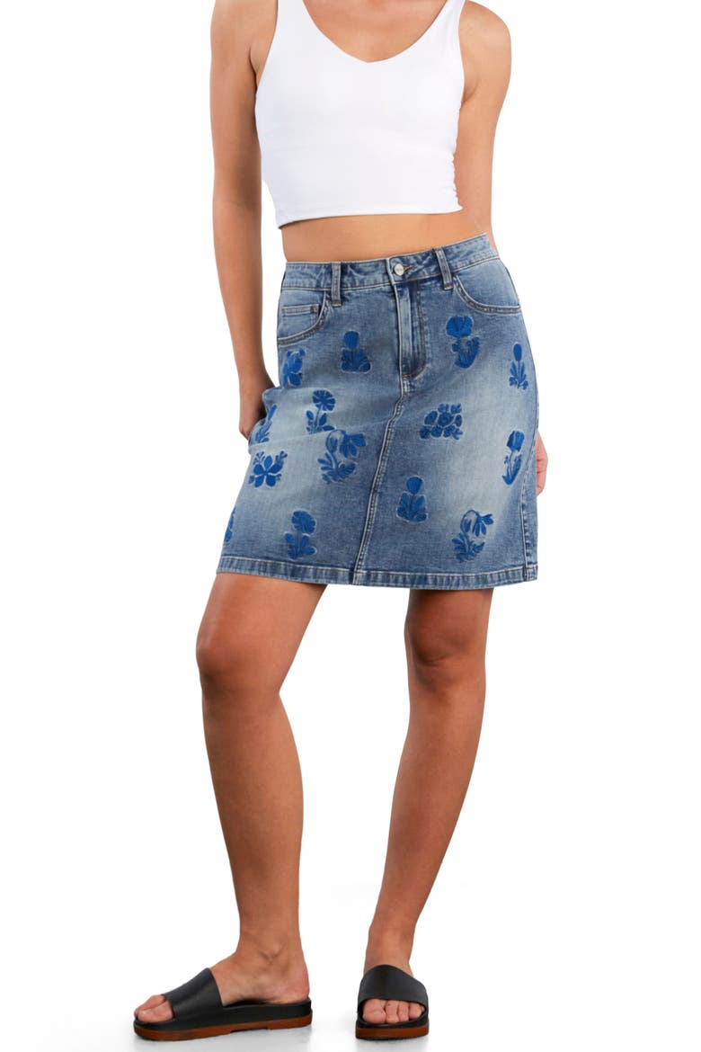 Wildflower Floral Embroidered Denim Skirt, Alternate, color, CLASSIC BLUE