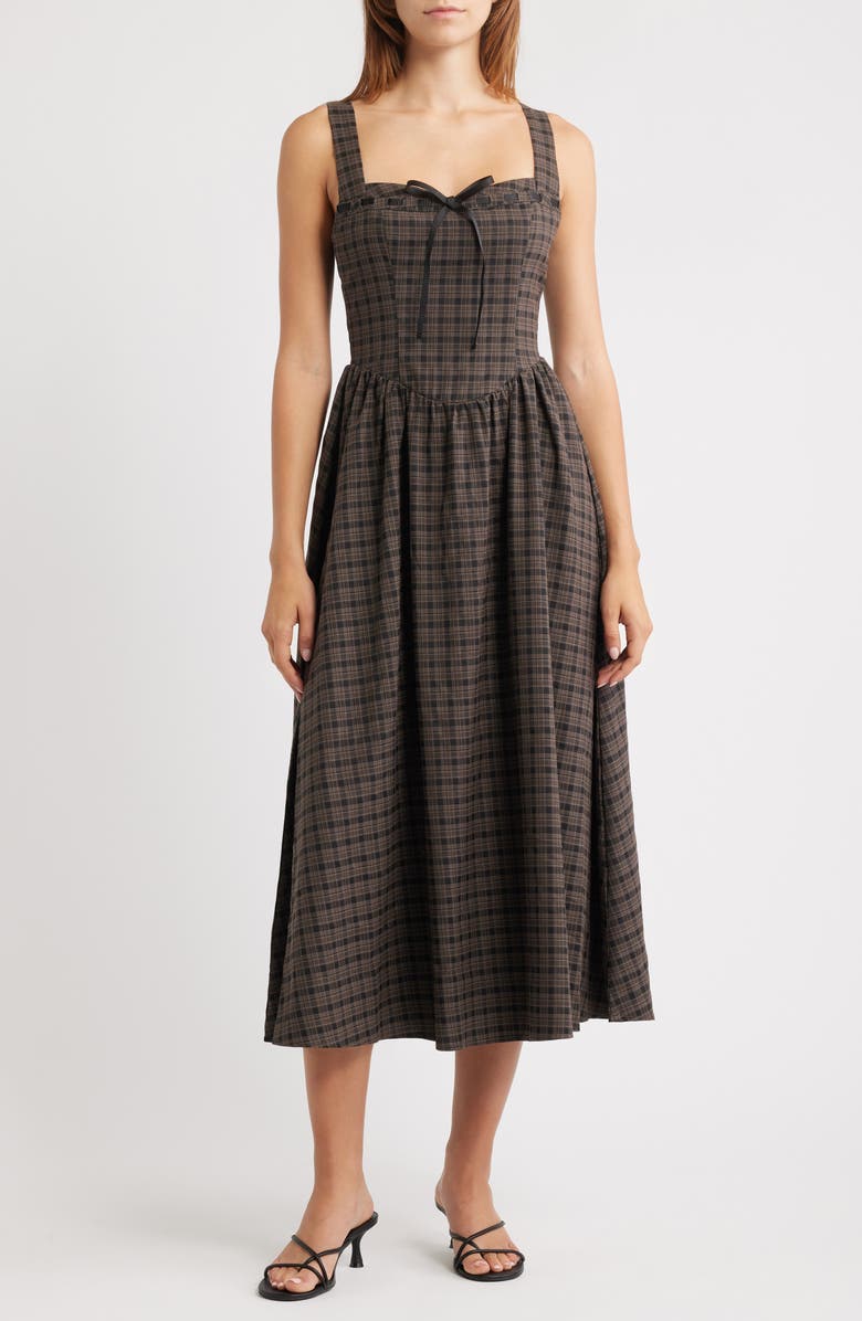 MOON RIVER Plaid Sweetheart Neck Fit & Flare Midi Dress, Main, color, Dark Brown