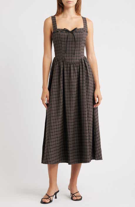 MOON RIVER Plaid Sweetheart Neck Fit & Flare Midi Dress