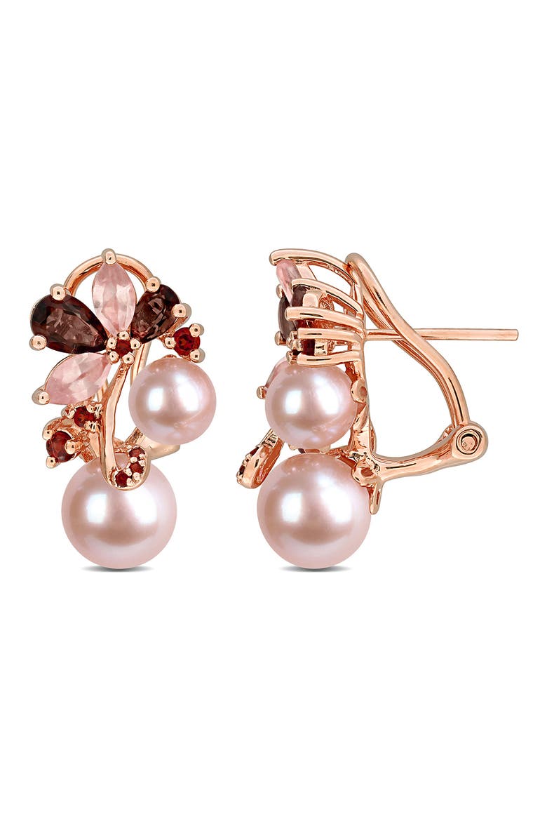 6-8.5mm Cultured Freshwater Pearl & Gemstone Cluster Earrings, Main, color, PINK