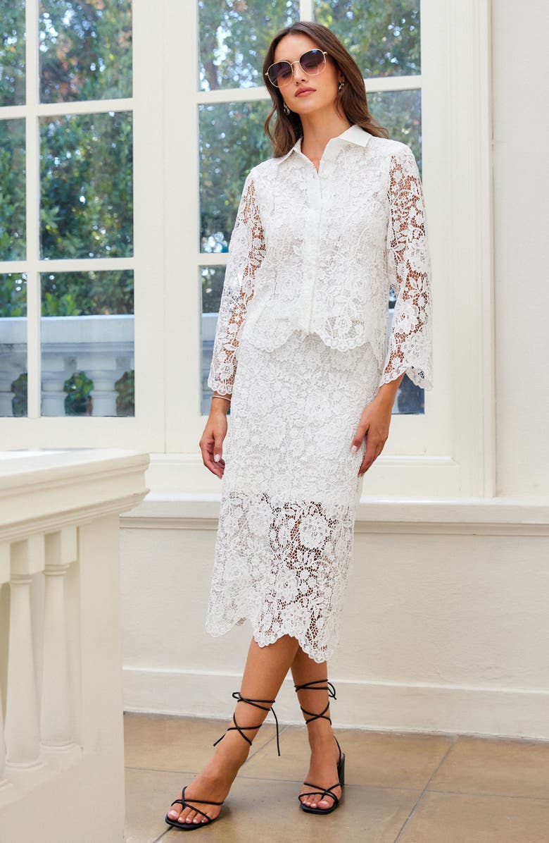 Karen Kane Lace Pencil Midi Skirt, Alternate, color, Off White