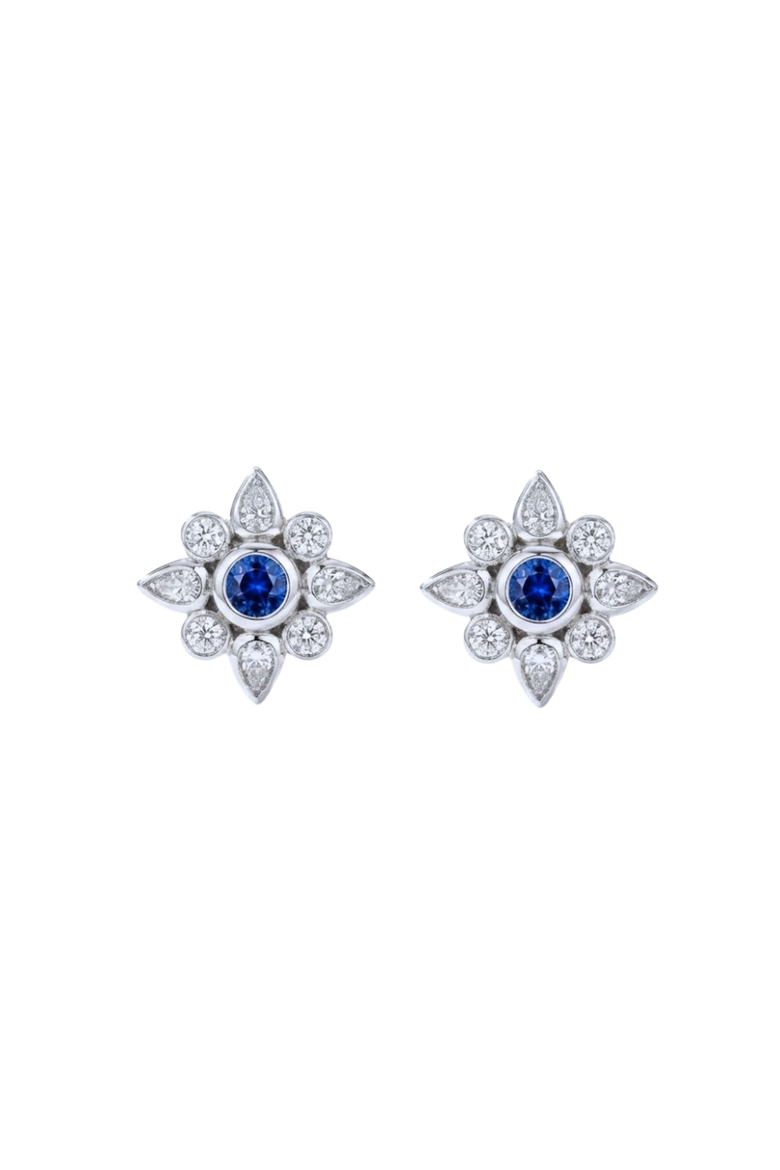 Round Sapphire with Pear & Round Diamond Halo Bezel Studs, Main, color, Blue