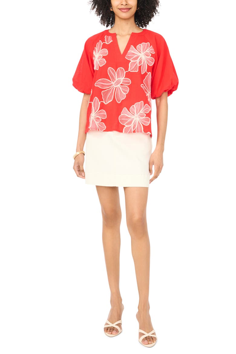 Puff Sleeve Floral Print Peasant Top, Alternate, color, LOBSTER RED