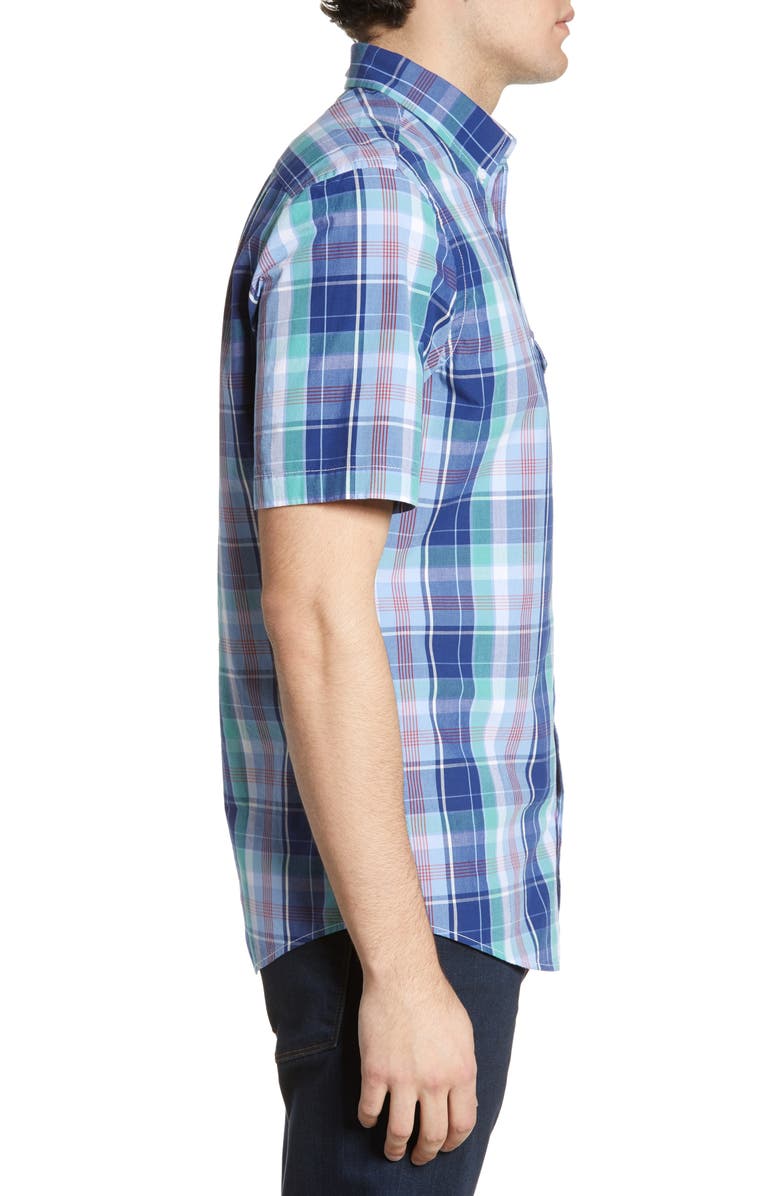 NORDSTROM MEN'S SHOP Regular Fit Plaid Short Sleeve Button-Down Linen Blend Shirt, Alternate, color,