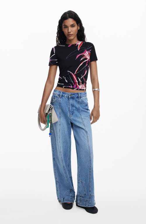 Desigual Floral Rib T-shirt In Black
