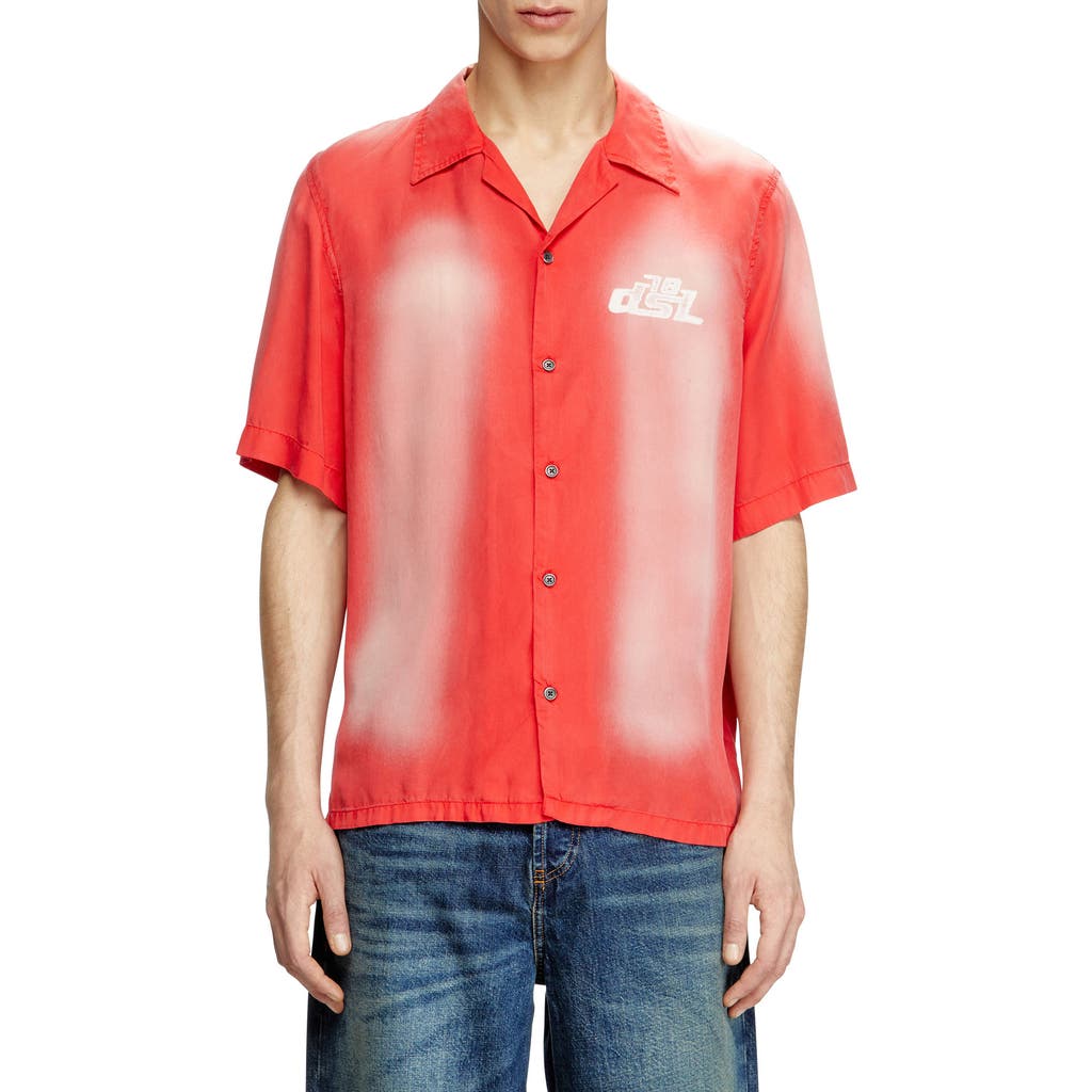 Diesel Faded Bowling Shirt With Logo Prints In Formula Red