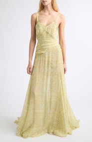Collina Strada Plume Plaid Silk Chiffon Gown
