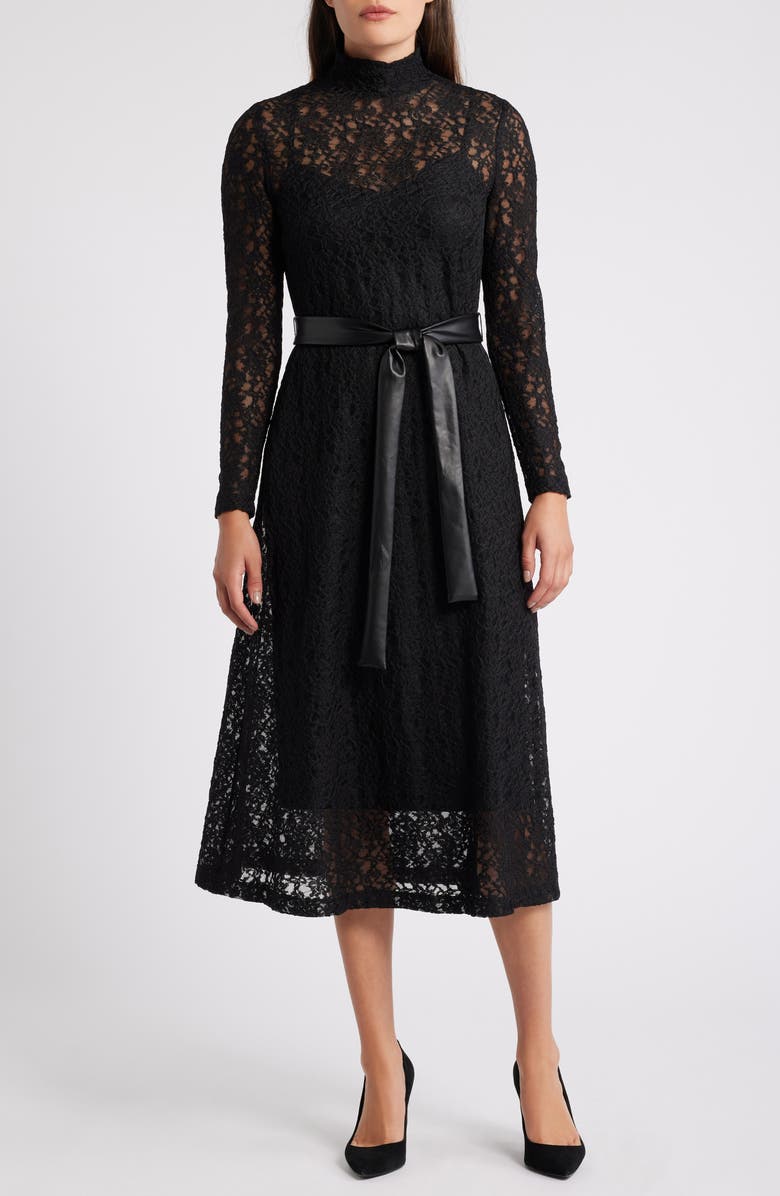 Anne Klein Long Sleeve Lace Midi Dress, Main, color,