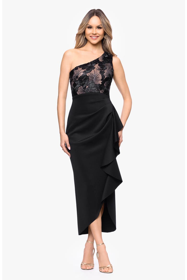 Metallic Floral Mixed Media One-Shoulder Cocktail Midi Dress, Alternate, color, BLACK/ NUDE