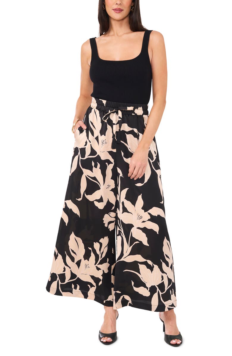 Vince Camuto Floral Drawstring High Waist Satin Wide Leg Pants, Alternate, color, 