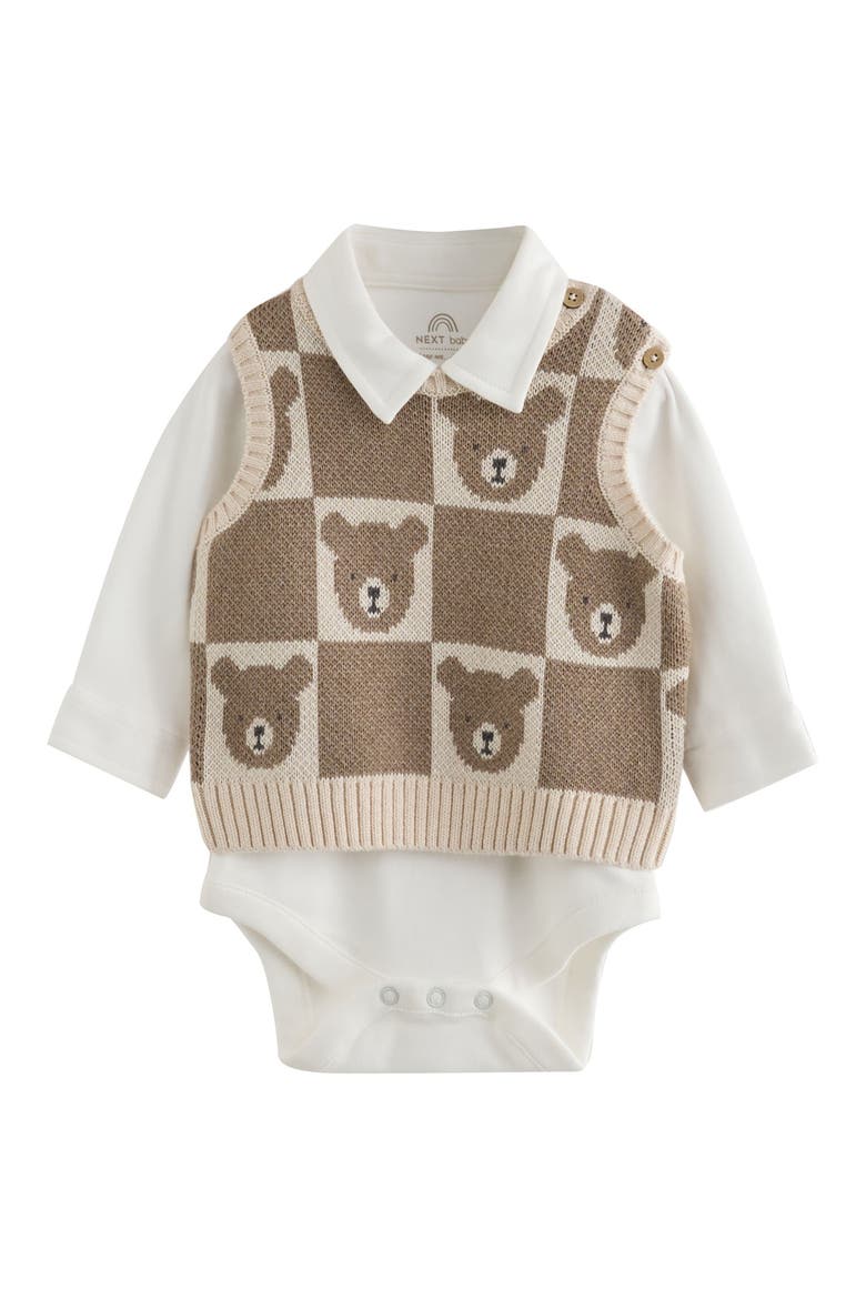 Kids' Bear Sweater Vest, Bodysuit & Pants 3-Piece Set, Alternate, color, BROWN