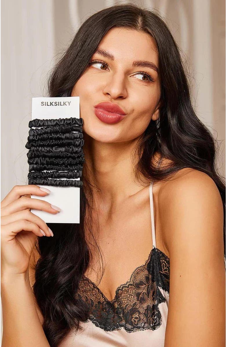 SILKSILKY Pure Silk 10-Pack Skinny Scrunchies, Alternate, color, Black