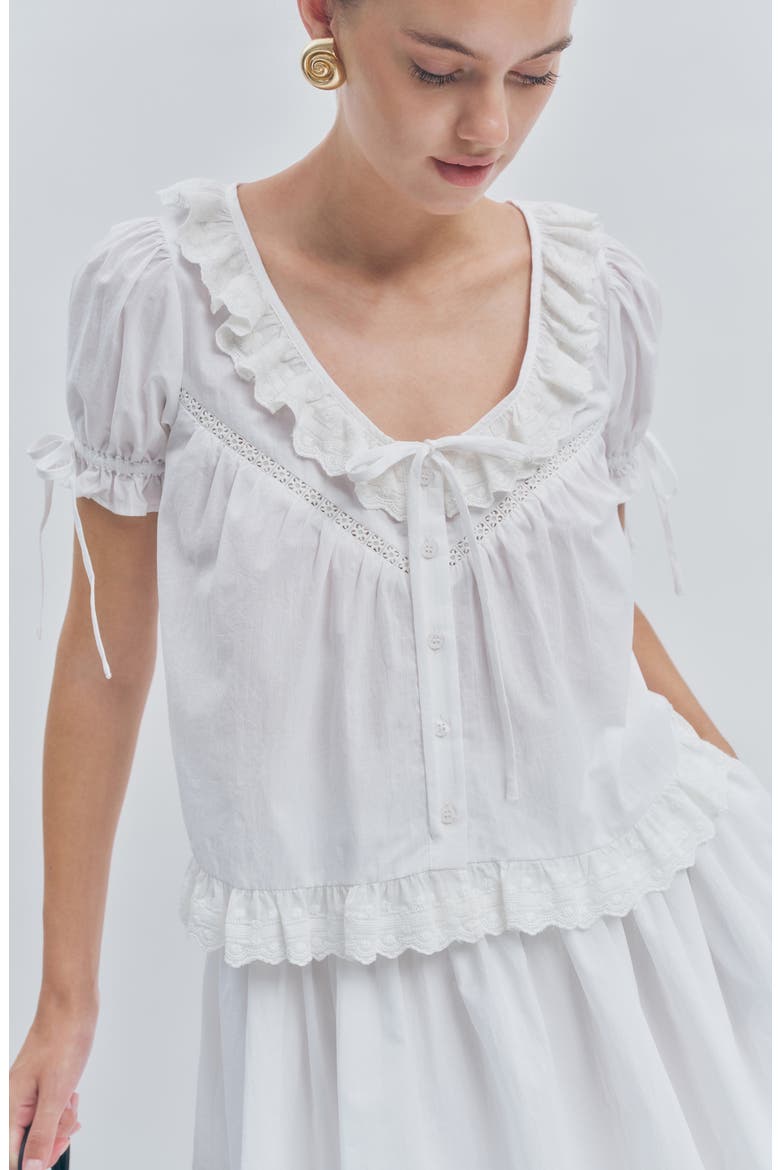 Theo Ruffle Lace Inset Cotton Top, Alternate, color, WHITE