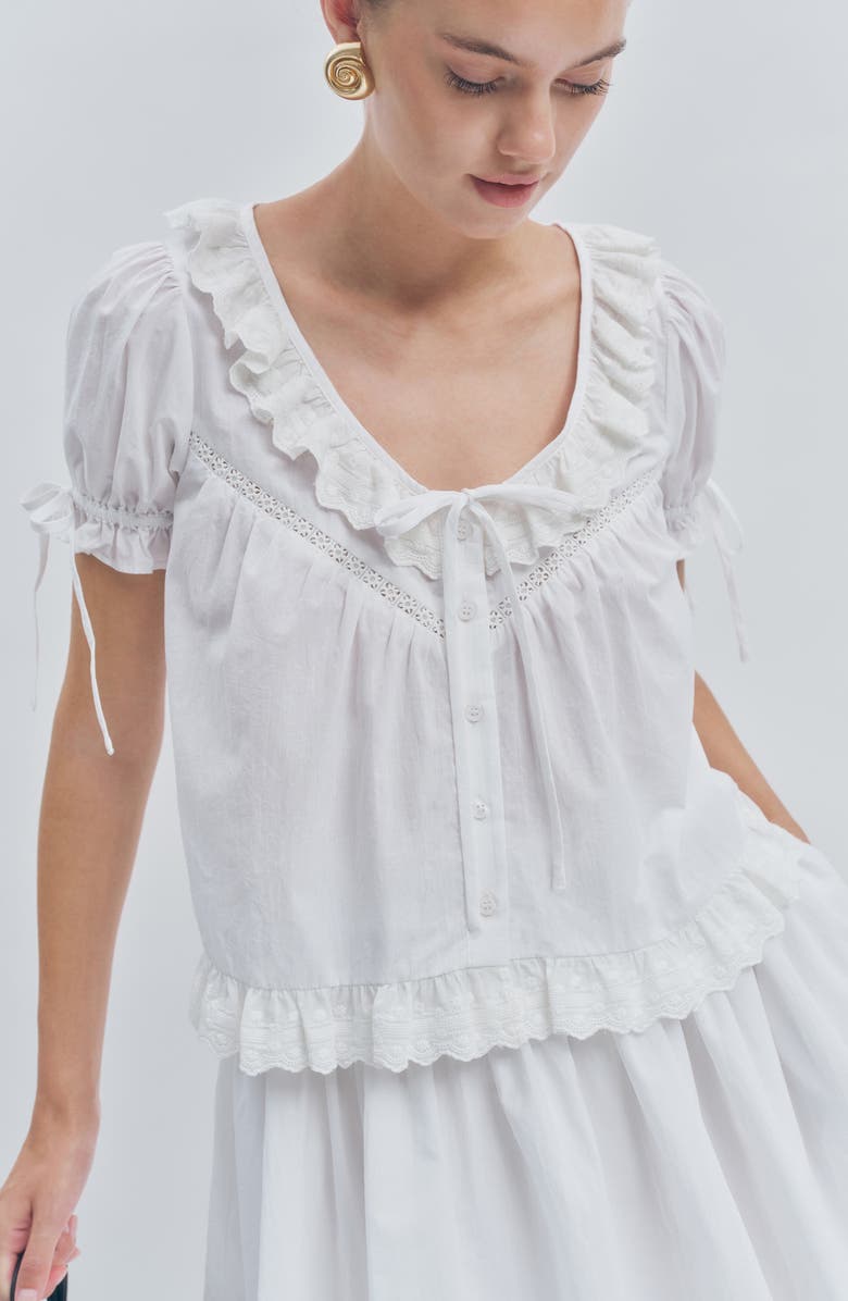 MAUDE CLUB Theo Ruffle Lace Inset Cotton Top, Alternate, color, White