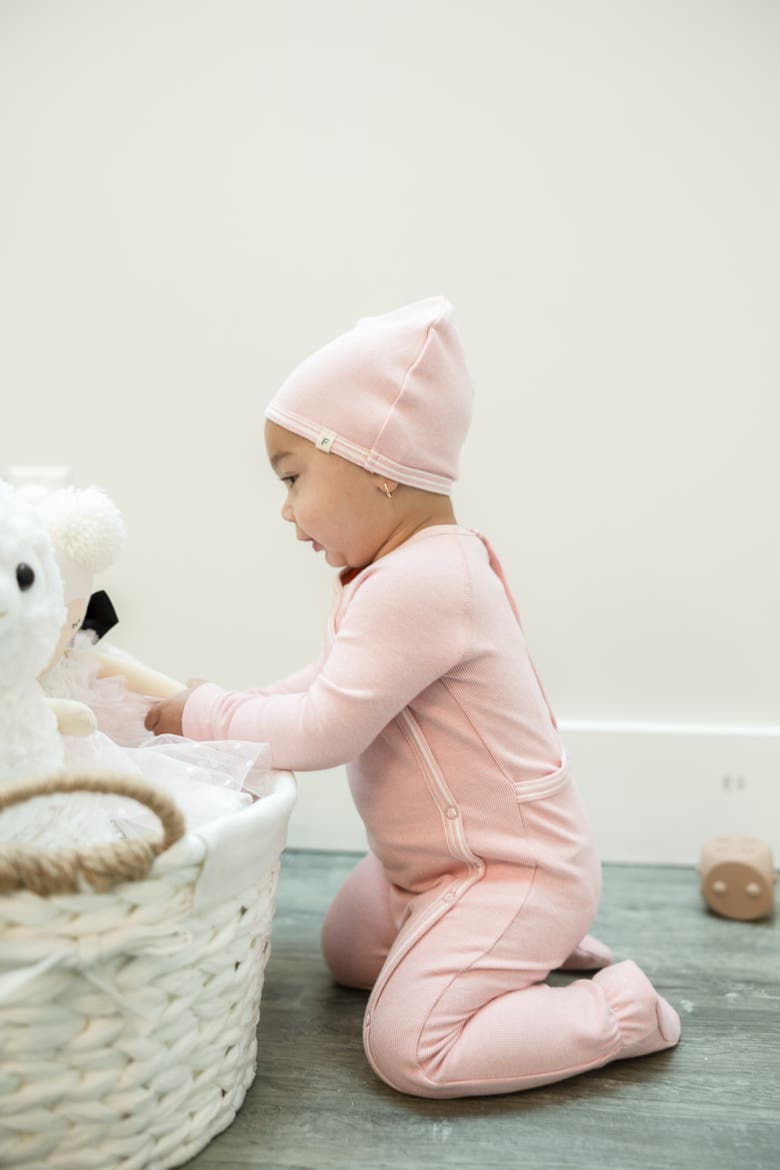 Stretch Knit Romper Set with Matching Hat, Alternate, color, Pink