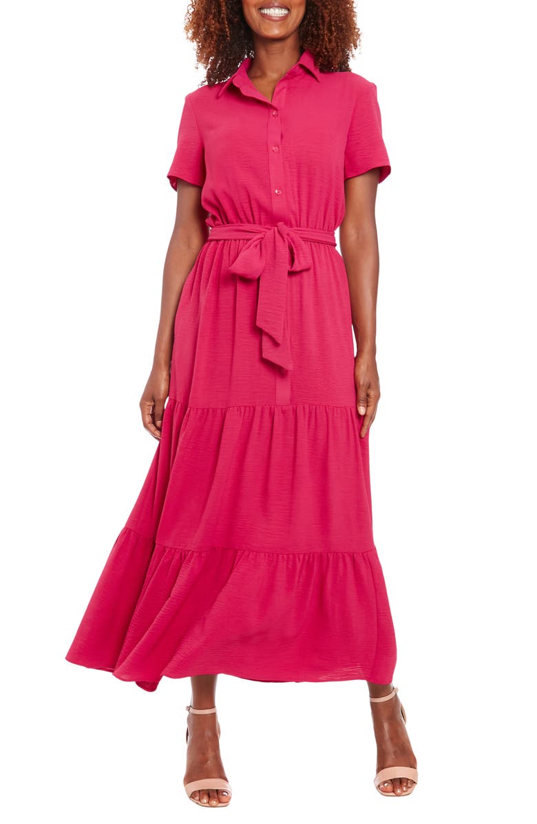 London Times Short Sleeve Tiered Shirtdress, Main, color, Magenta