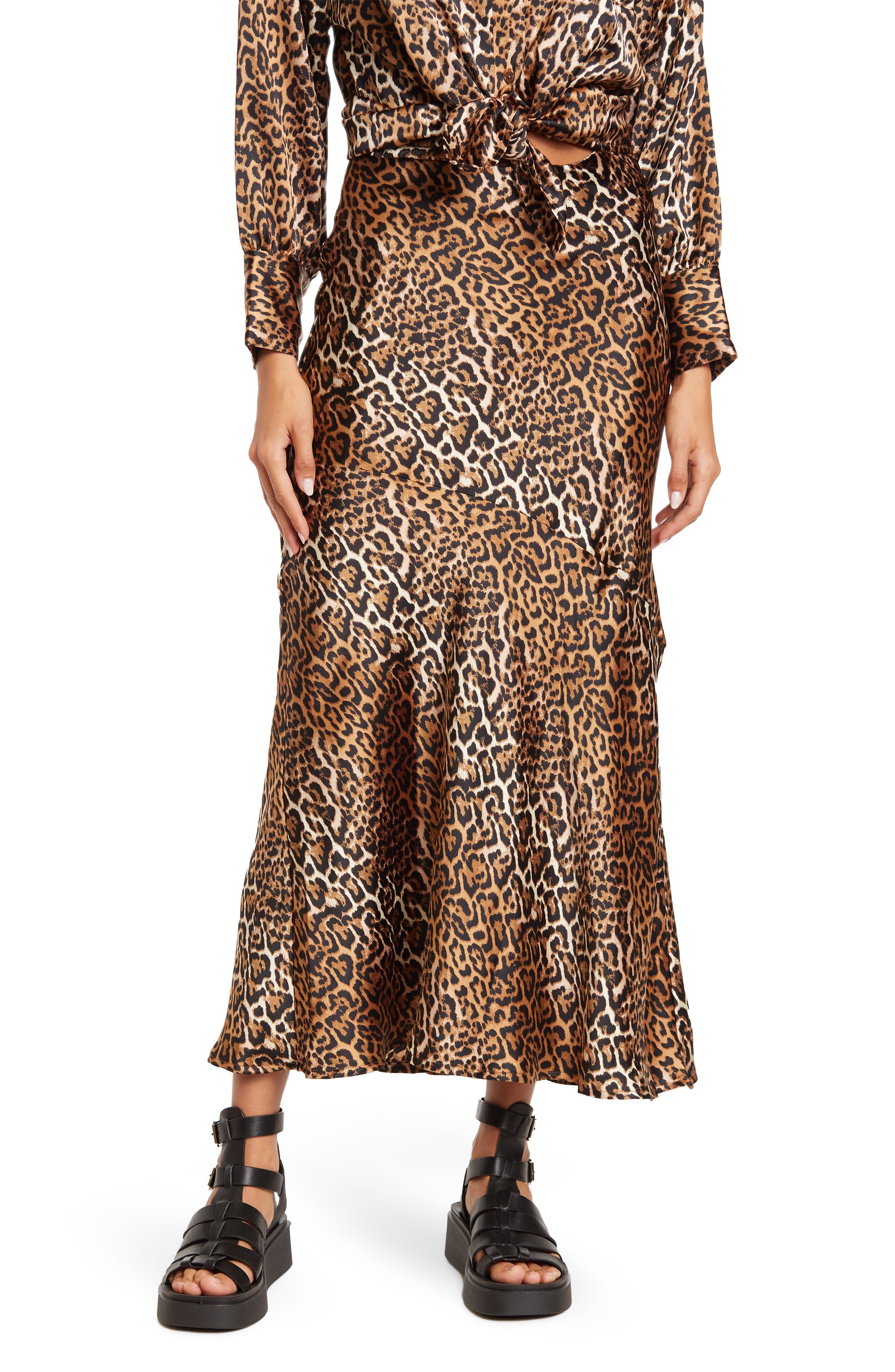 ENA PELLY Leopard Print Bias Satin Maxi Skirt (Women) | Nordstromrack