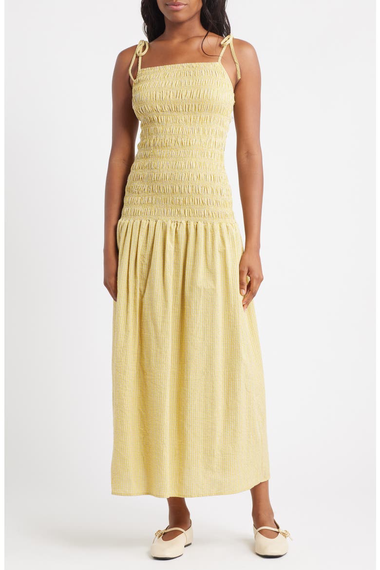 Shirred Cotton Seersucker Midi Sundress, Main, color, YELLOW
