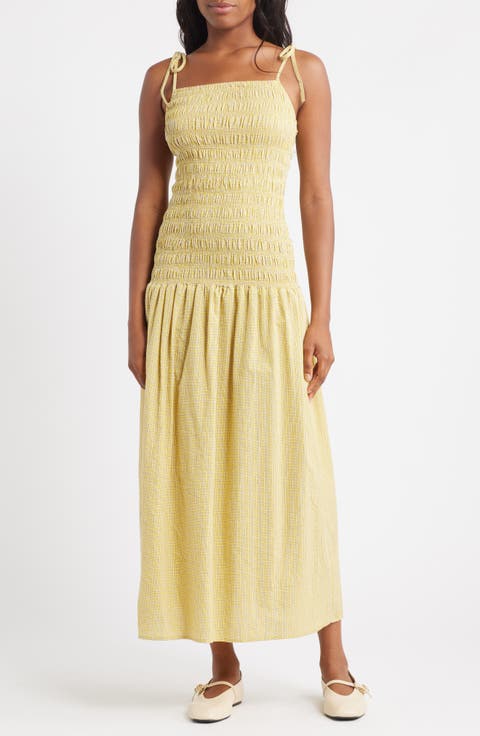 Shirred Cotton Seersucker Midi Sundress