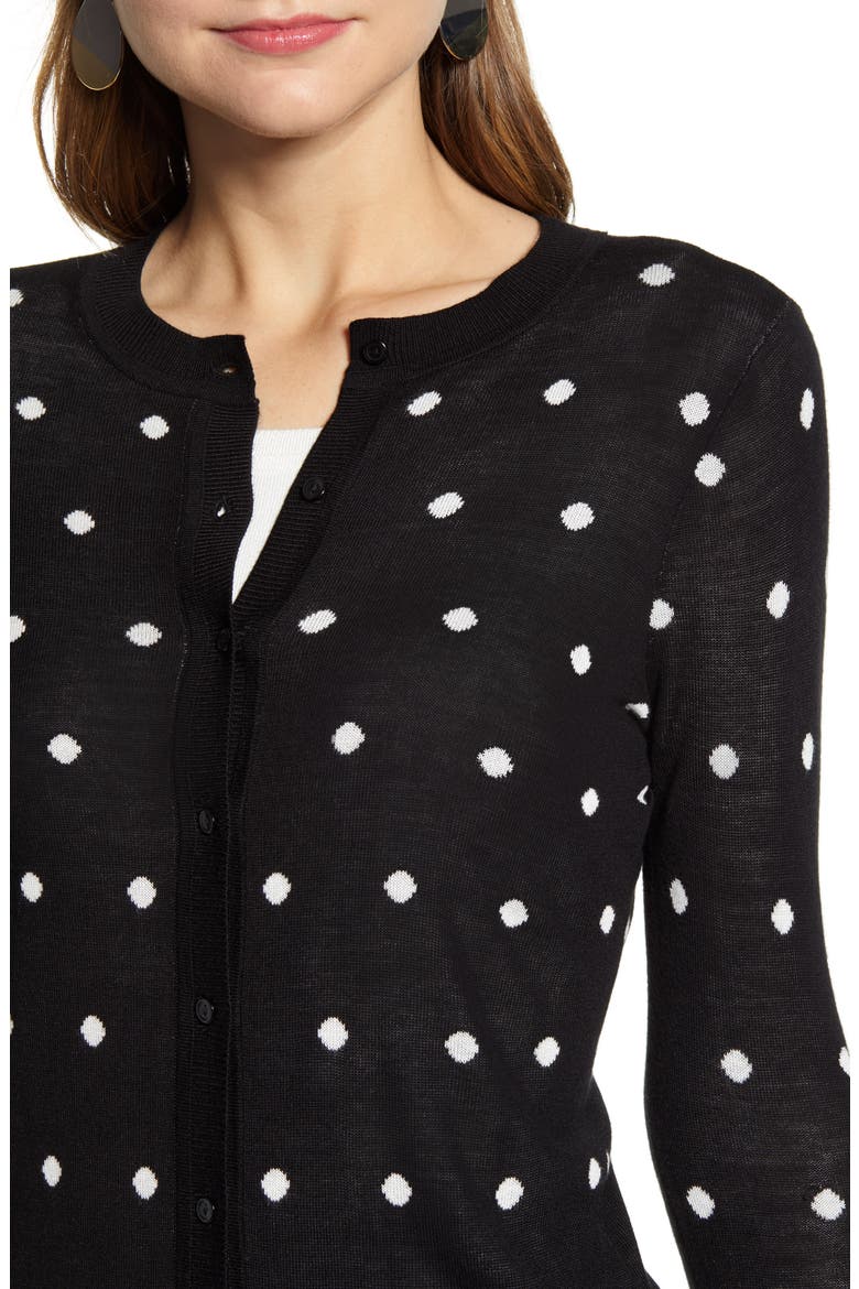 Jacquard Crewneck Cardigan, Alternate, color, BLACK- IVORY DOT