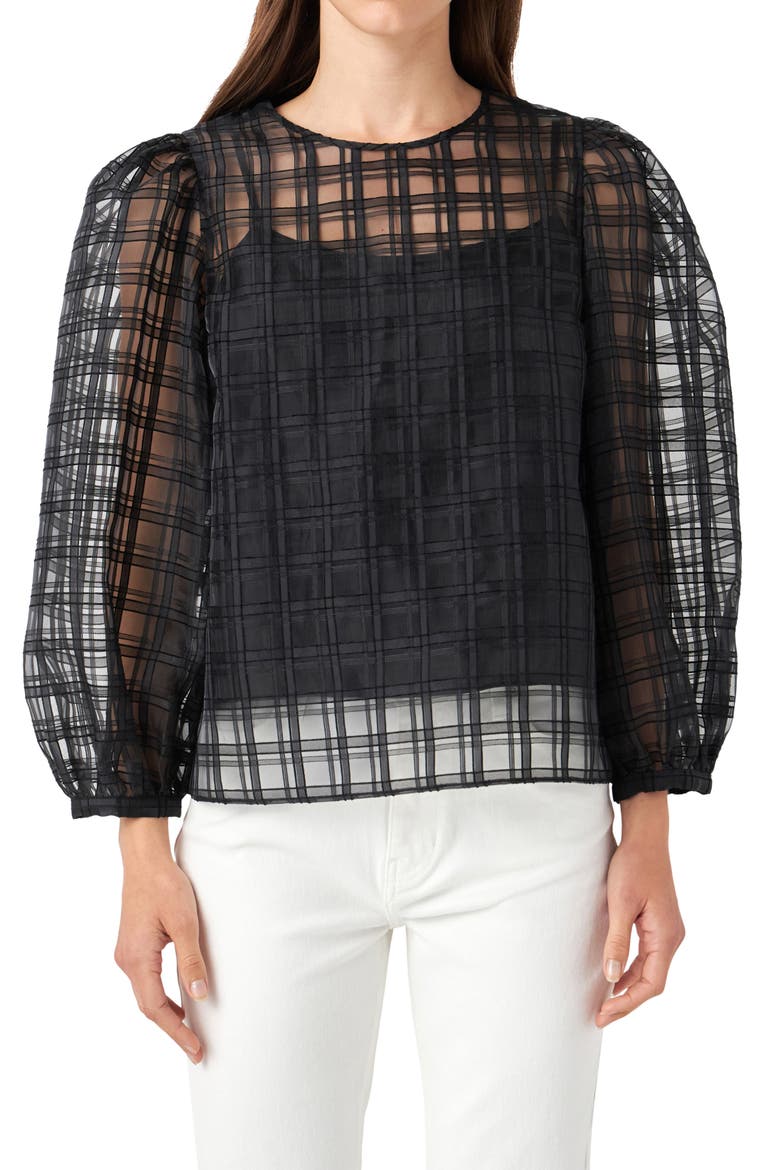 Plaid Organza Top, Alternate, color, BLACK