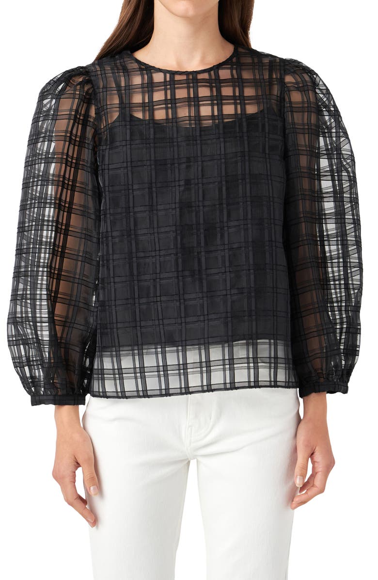 English Factory Plaid Organza Top, Alternate, color, Black