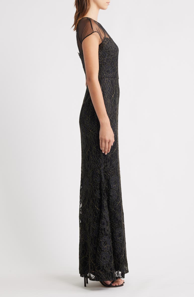 Eliza J Metallic Floral Embroidery Gown, Alternate, color, Black Gold