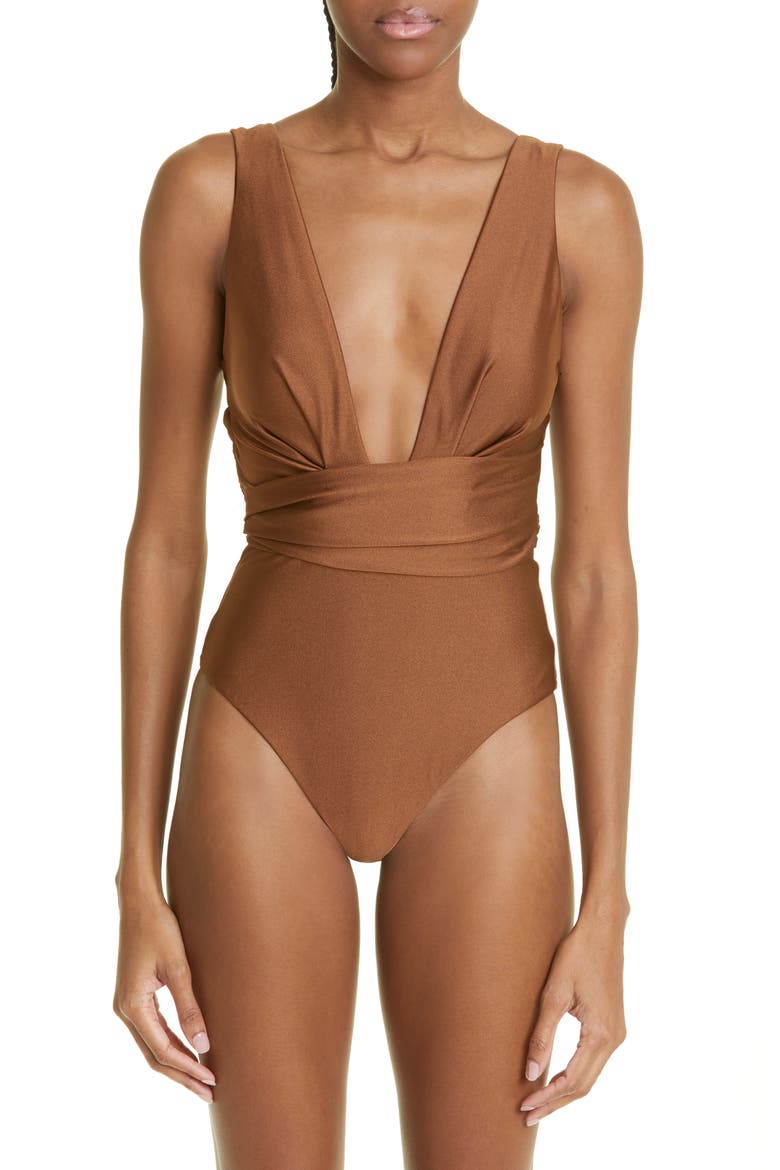 Raie Plunge Neck One-Piece Swimsuit, Main, color, TAN