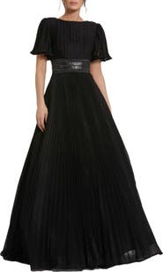 Mac Duggal Pleated Shimmering Georgette Flutter Sleeve Gown