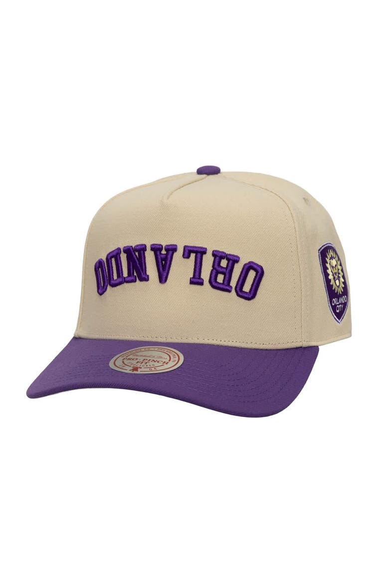 Men's Mitchell & Ness  Cream/Purple Orlando City SC Upside Down Pro Pinch Snapback Hat, Main, color, Cream