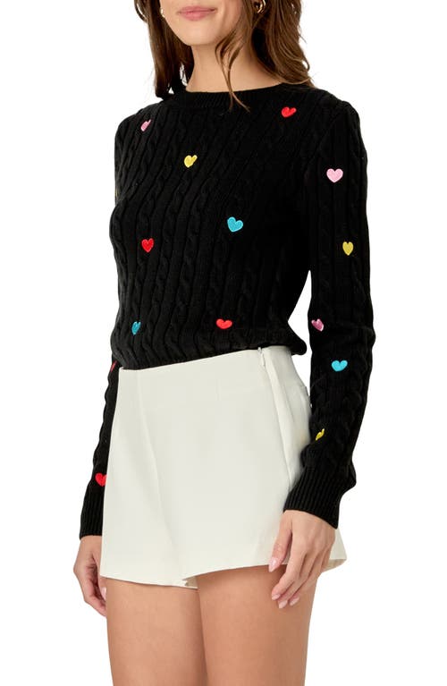 English Factory Heart Embroidered Cable Stitch Sweater In Black