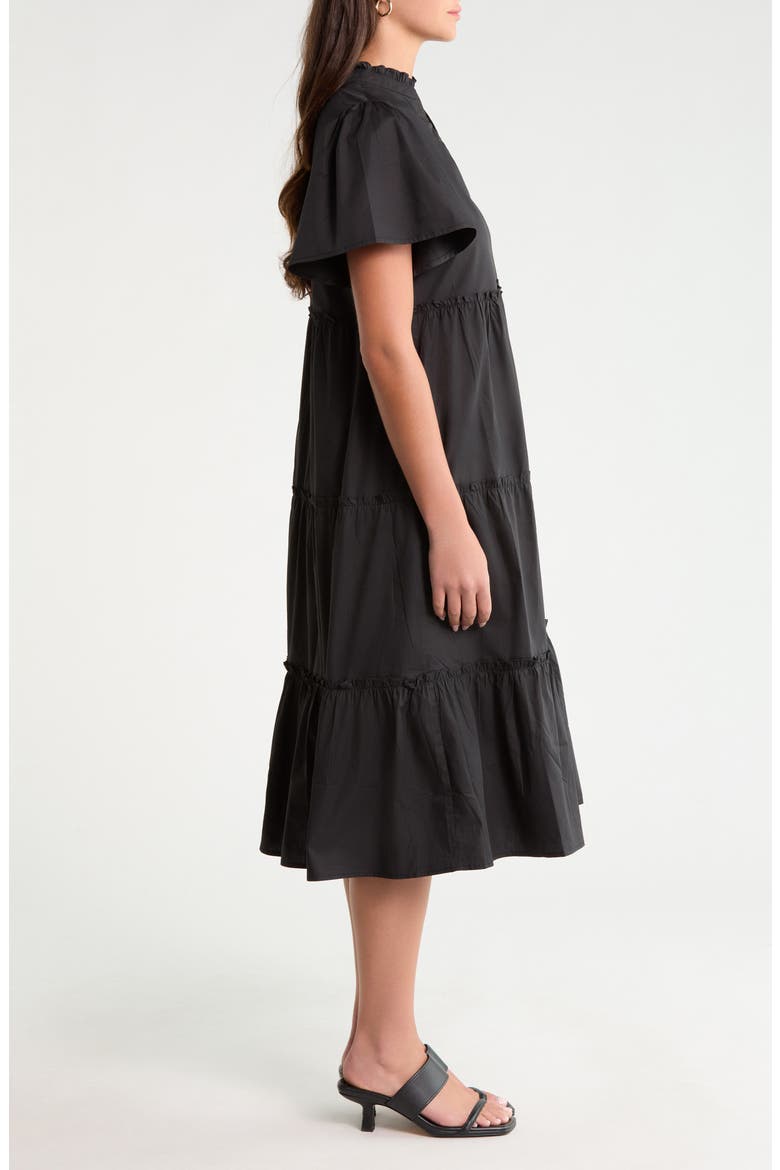 Noelle Split Neck Tiered Cotton Dress, Alternate, color, BLACK