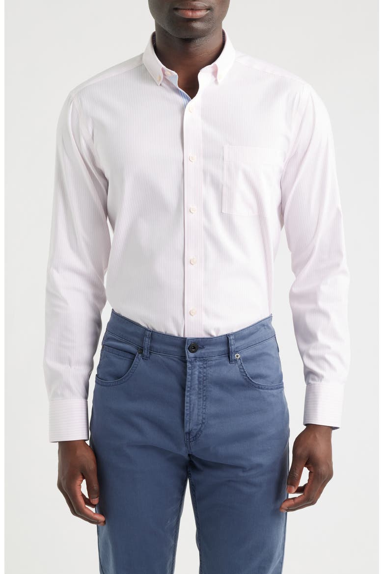 Ovation Stripe Non-Iron Stretch Cotton Button-Down Shirt, Main, color, PINK STRIPED OXFORD