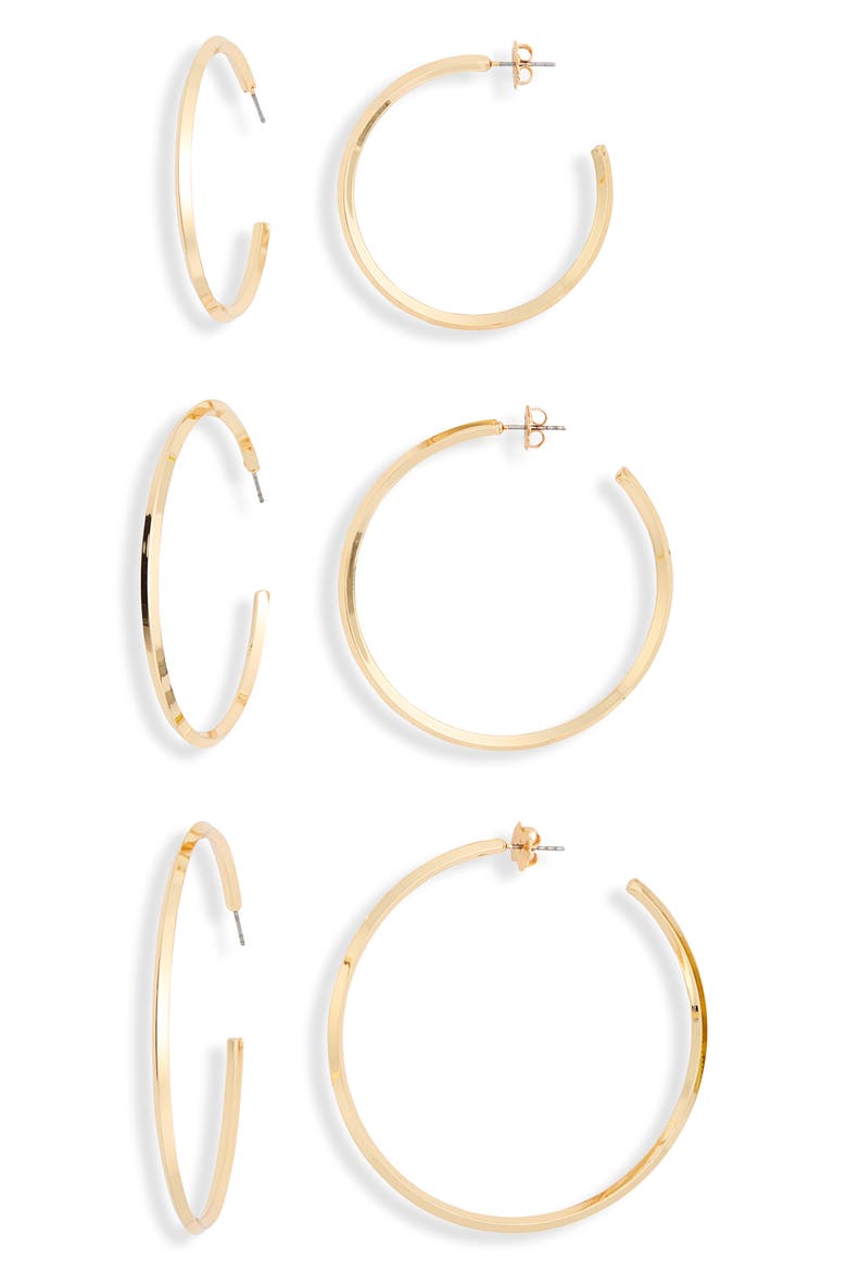Flat Edge 3-Pack Hoop Earrings, Main, color, GOLD