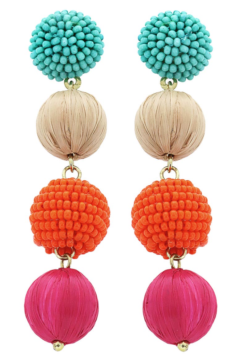 Bead & Raffia Linear Drop Earrings, Main, color, AQUA MULTI